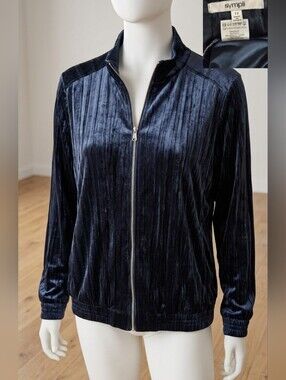 Sympli Crushed Velvet  Bomber Jacket Navy Blue Size 12 Made in Canada
